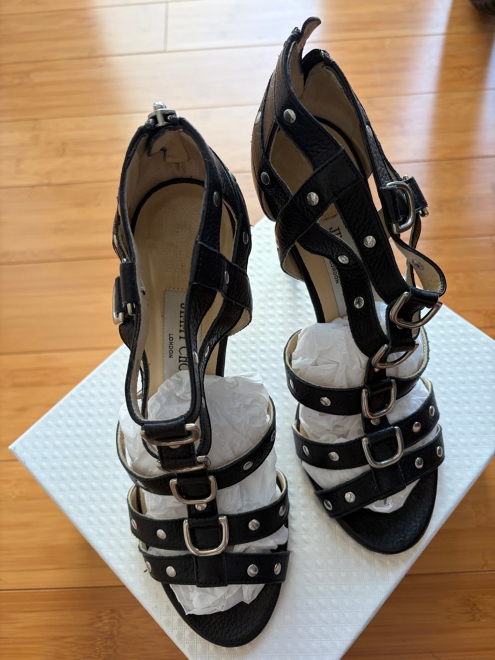 Jimmy Choo Black Studded Leather Strappy Heels - Women's Sandals